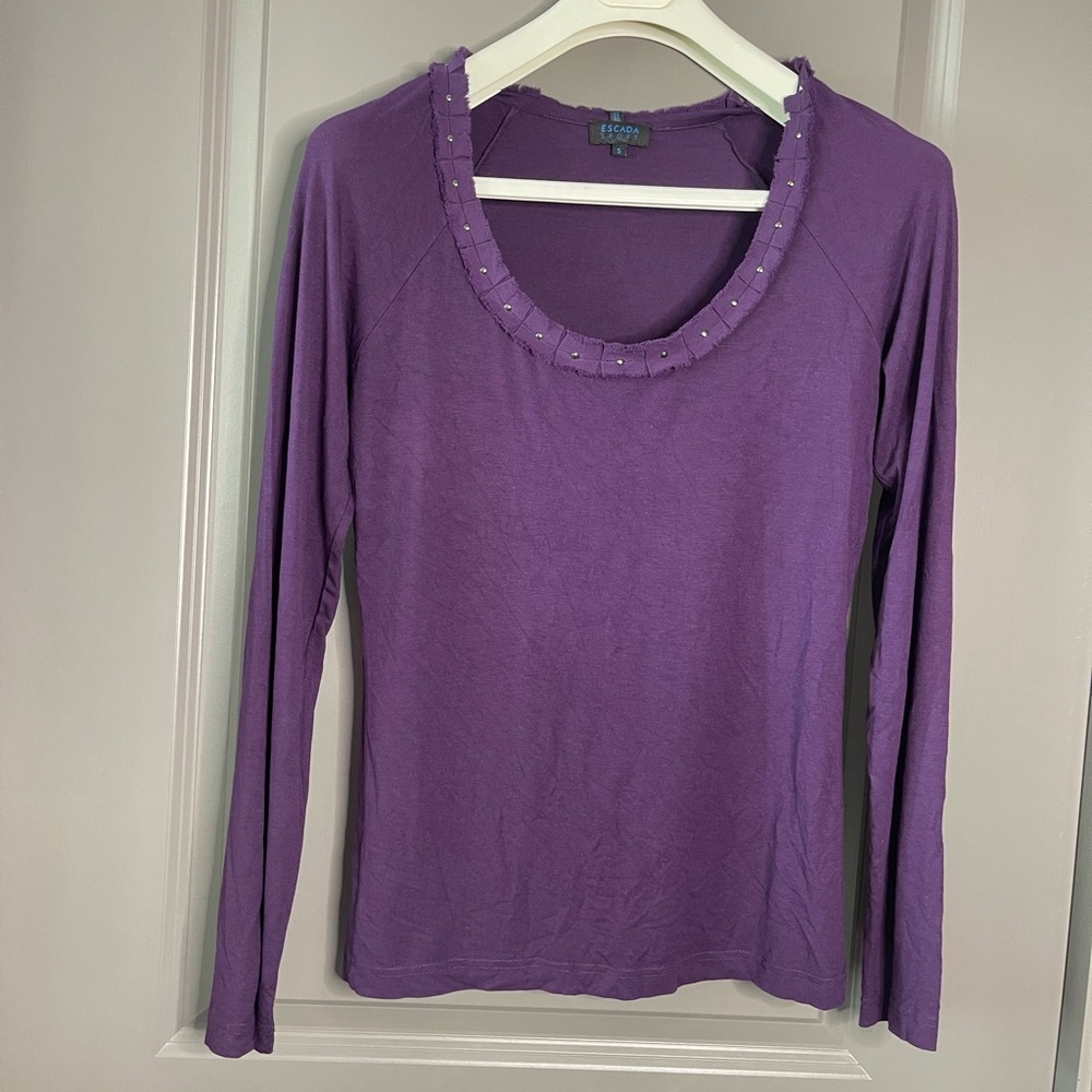 Escada Purple Long Sleeve Top with Beaded Neckline